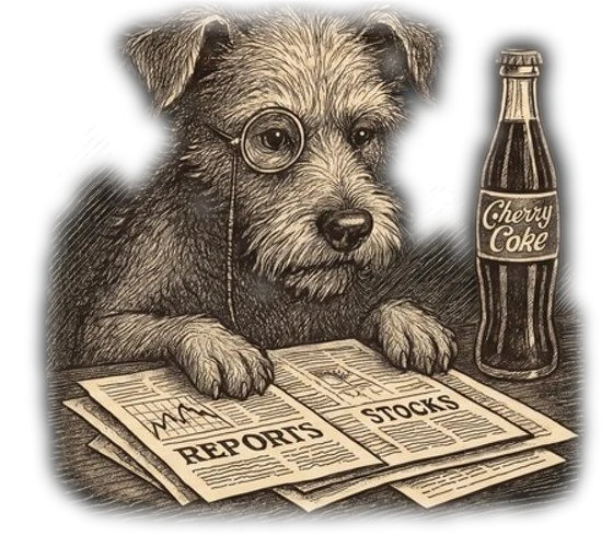 The Stray Dog: a terrier with a monocle reading stock reports